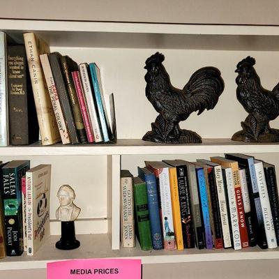 Miscellaneous Fiction and Non-Fiction Books, Iron Roosters, and Decorative Mini-Bust