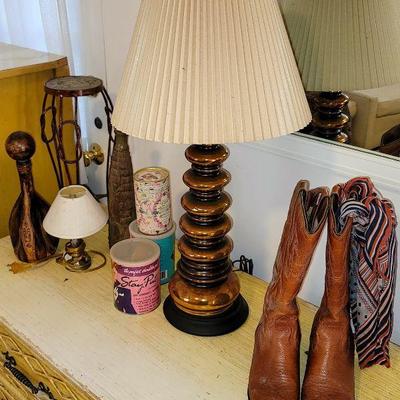 Copper Lamp, Boots, 80s Shoulder Pads, Knick Knacks