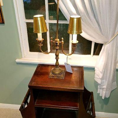 Vintage Chapman Brass Library Lamp, Antique Magazine Rack Table