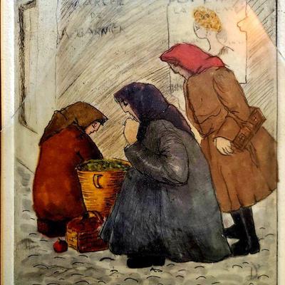 Doris Berry 20th Etching Artist Proof "The Market"  Glass on Frame As Is