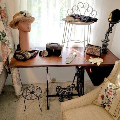 Sewing Table, Mannequin Head, Vanity Stool, Antique Spelter Mirror, Purses