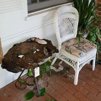 Burl Top Garden Table, Wicker Chair, Plants
