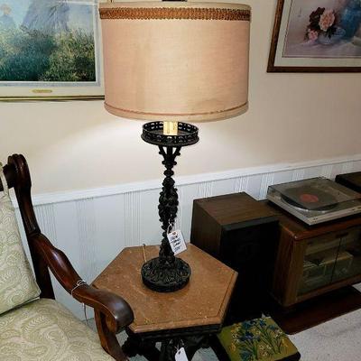 Stunning Ornate HEAVY Iron Lamp and Finial, Unique Stone Topped Dolphin Based Table