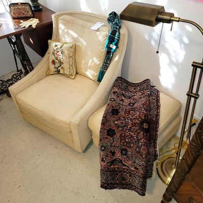 Mid-Century Chair, Persian Rug, Brushed Brass Floor Lamp, Antique Highboy Dresser