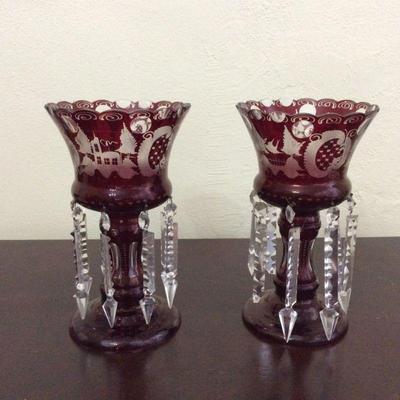 Large pair of Bohemian ruby red cut to clear lusters