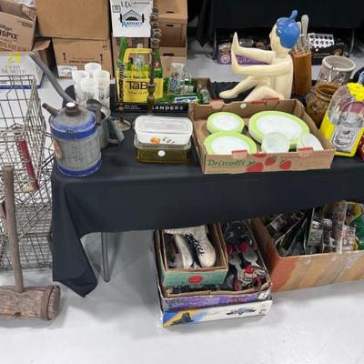 Metal Crates, Gas Can, Pyrex Dishes, Store Child Mannequin