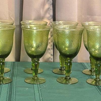 8 Olive green blown glass pebbled water goblets
