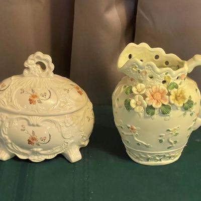Victorian decorative flower pitcher/small dish w/lid