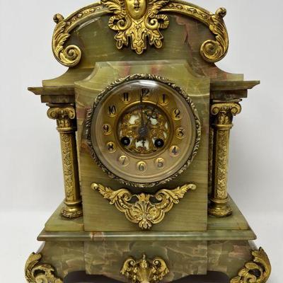 Antique A.D. Mougin Green Onyx French Mantel Clock