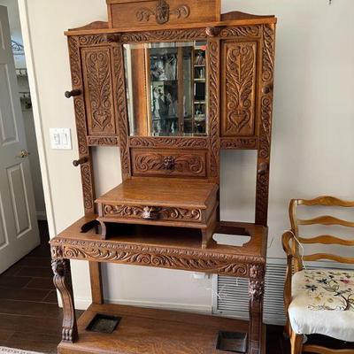 Antique Hall Tree with Mirror

