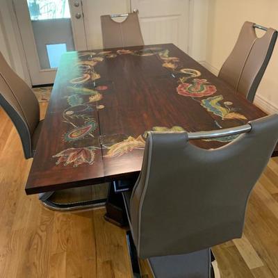 Beautiful Hand Painted Dining Room Table- Sides Fold in to Make A Rectangle