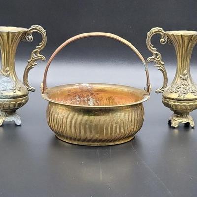(3) Vtg. Brass: 2- Amphora Vases, Italy, 1- Basket, India