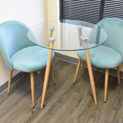 Round Glass Dining Table with 2 Turquoise Chairs
