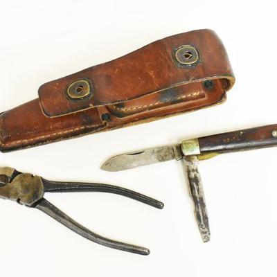 Leather Pouch with Knife and Pliers