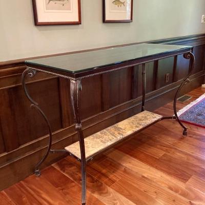 Gorgeous Glass top console table with iron base and marble shelf
