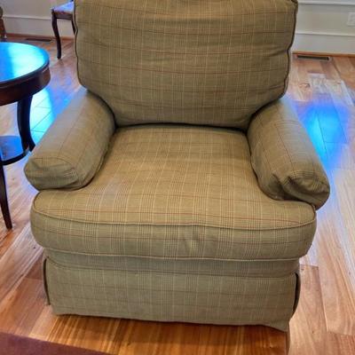 One of a pair of Plaid Drexel Heritage Swivel/Rocker Chairs. 32" deep @ cushion; 35" high @ back
