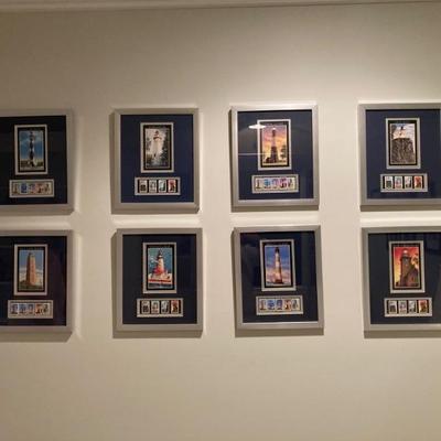 Set of 8 Lighthouse prints with stamps.  Includes Thirty mile point, Morris Island, Spectacle Reef, Marblehead, Old Cape Henry, Cape...