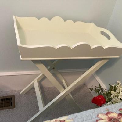 Very versatile Scalloped Serving tray/table measures 23" x 16" x 27" high.