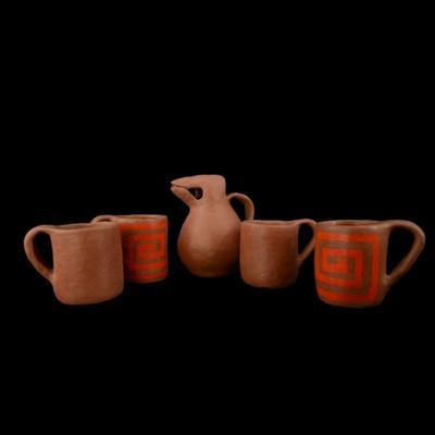 Handmade Tohono O'odham Native American clay pottery mugs and pitcher by Laura Kermen
