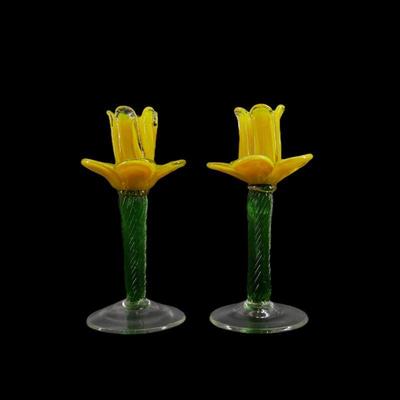 Hand-Blown Glass Flower Candlesticks