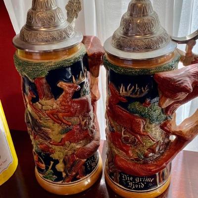 Vintage German Steins with Lid, Fox Handle (2)