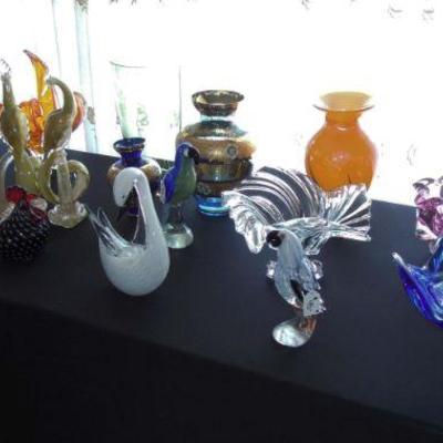 Heavy art glass bowls, vases and sculptures