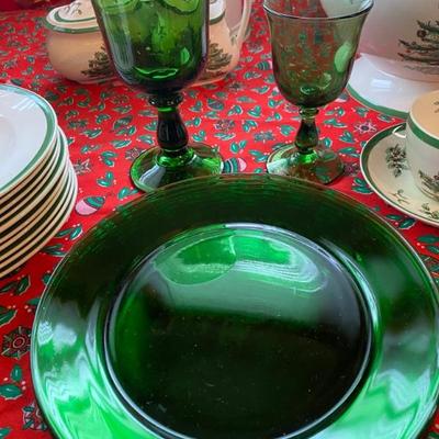 Vintage Forest Green Glass Plates, Water/Wine Goblets