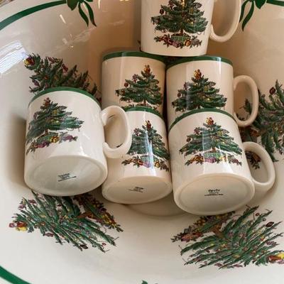 Spode Christmas Tree Punch Bowl with 12 Tom/Jerry Mugs