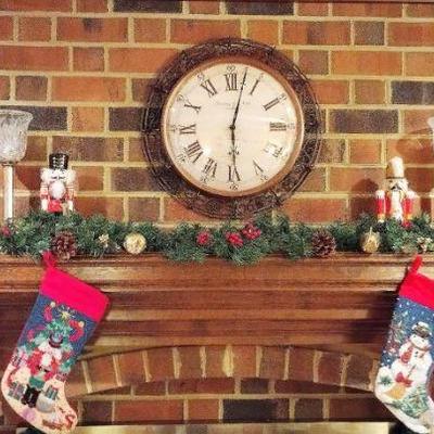 CHRISTMAS MANTEL WITH BRASS LIGHTED CANDLE LAMPS