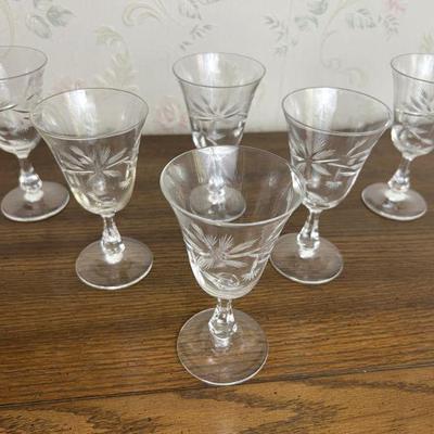 set of six etched, cut glass holiday wine glasses