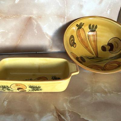 Los Angeles Potteries yellow mushroom motif ceramic bowl & loaf form casserole dish