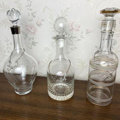 trio of midcentury decanters w/ label necklaces "Gin", "Scotch" & "Rye"