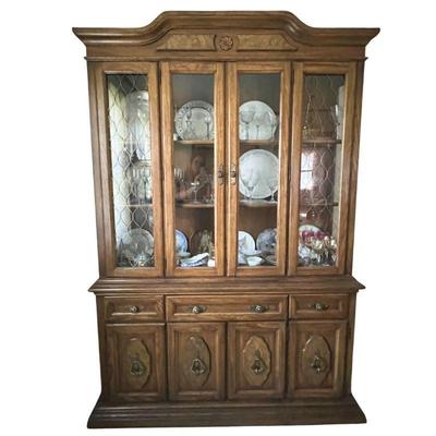 vintage oak & burled ash china hutch