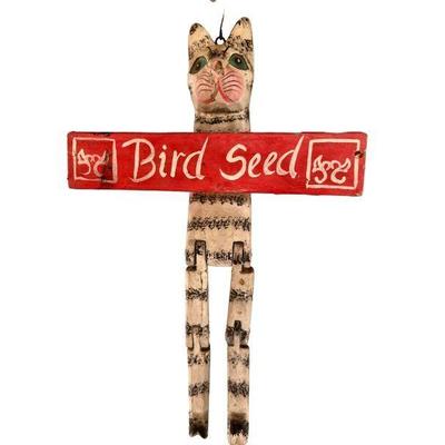 folk art striped cat bird feeder