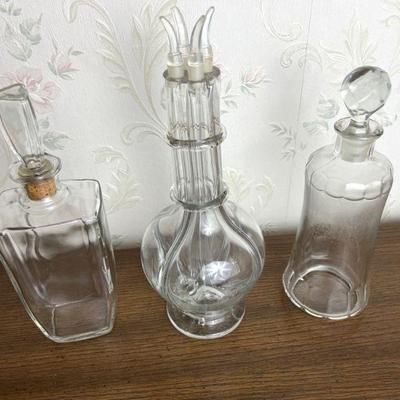 trio of midcentury decanters, one handmade in France w/ four divided sections