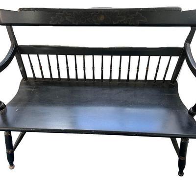 black Hitchcock style bench with hand-stenciled detail