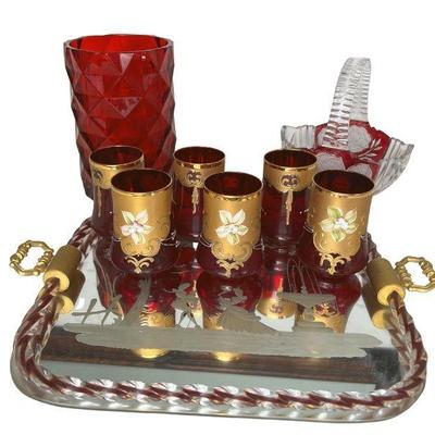 collection of cranberry glass, including gilt and hand-painted set of six glasses