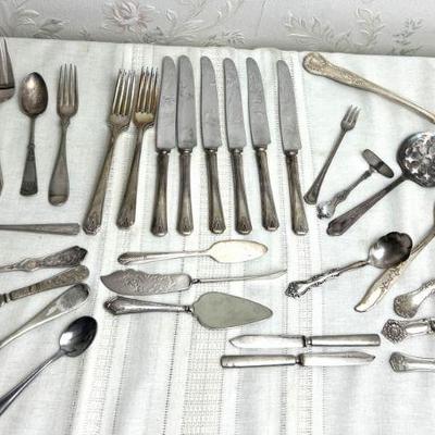 assortment of antique & vintage silverplate flatware, some sterling handled