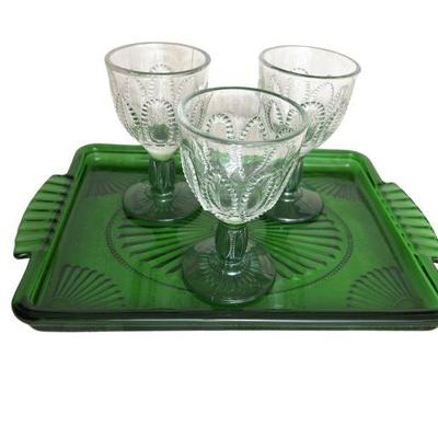 emerald green glass tray & cordial glasses