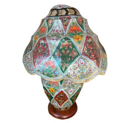 vintage Pakistani Multan hand painted stretched camel skin lamp