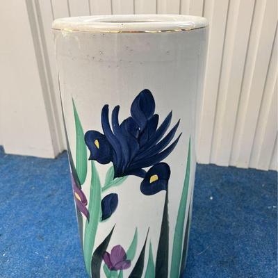 Chinese hand painted ceramic umbrella stand w/ iris motif