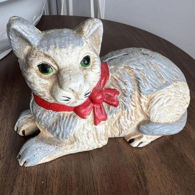 antique painted cast iron cat coin bank