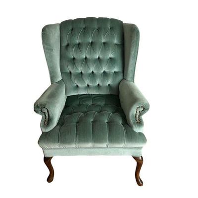 aqua blue/seafoam green velvet tufted armchair
