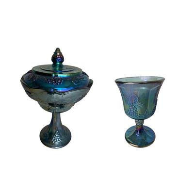 carnival glass duo blue grape & leaf pattern dish & goblet
