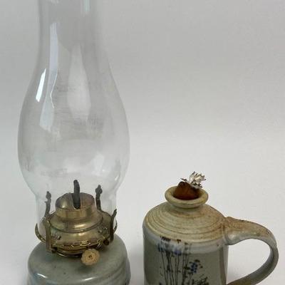 Two Vintage Ceramic Oil Lamps - One with Clear Glass 9" Chimney
