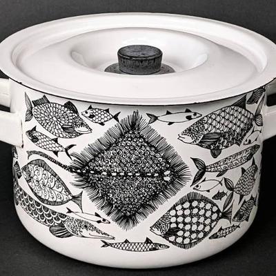 RARE Vintage Finel Arabia NEPTUNE Enamelware Stock Pot with Lid - Finnish Fish Theme
