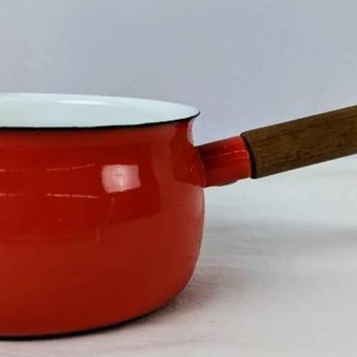 Vintage Enamelware Red Sauce Pan With Wood Handle
