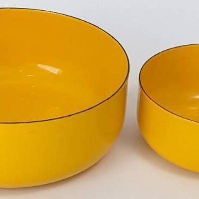 Two Vintage Finel Arabia Kaj Franck Yellow Nesting Bowls - Finland Enamelware
