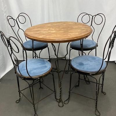 Antique Ice Cream Parlor/ Cafe Table & Four Chairs with Blue Faux Suede Seats
