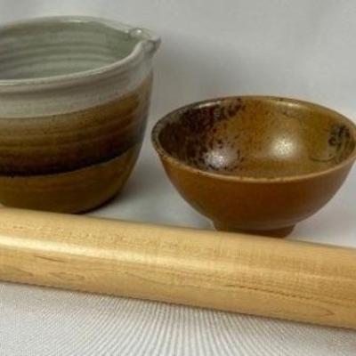Beautiful Pottery Batter Bowl, Small Bowl and Birch Rolling Pin
